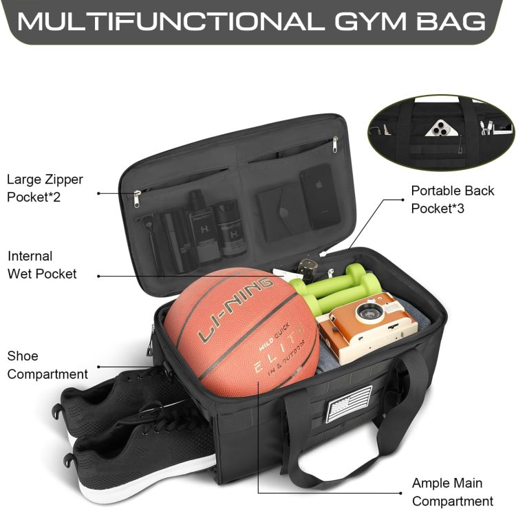 Gym Bags for Men Women, Tactical Duffle Bag Backpack with Shoe Compartment, 3 in 1 Carry on Travel Backpack with Wet Pocket, Weekender Overnight Range Bag for Workout Football Gym, Black - Image 2