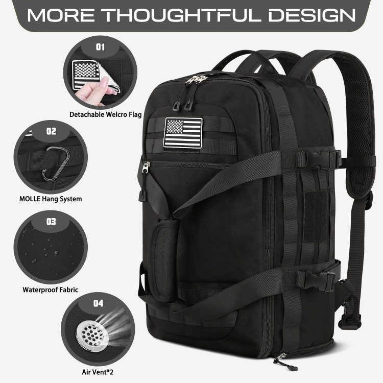 Gym Bags for Men Women, Tactical Duffle Bag Backpack with Shoe Compartment, 3 in 1 Carry on Travel Backpack with Wet Pocket, Weekender Overnight Range Bag for Workout Football Gym, Black - Image 3