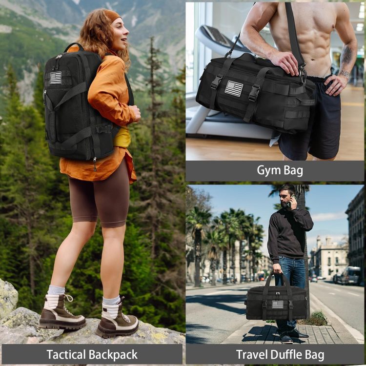 Gym Bags for Men Women, Tactical Duffle Bag Backpack with Shoe Compartment, 3 in 1 Carry on Travel Backpack with Wet Pocket, Weekender Overnight Range Bag for Workout Football Gym, Black - Image 6